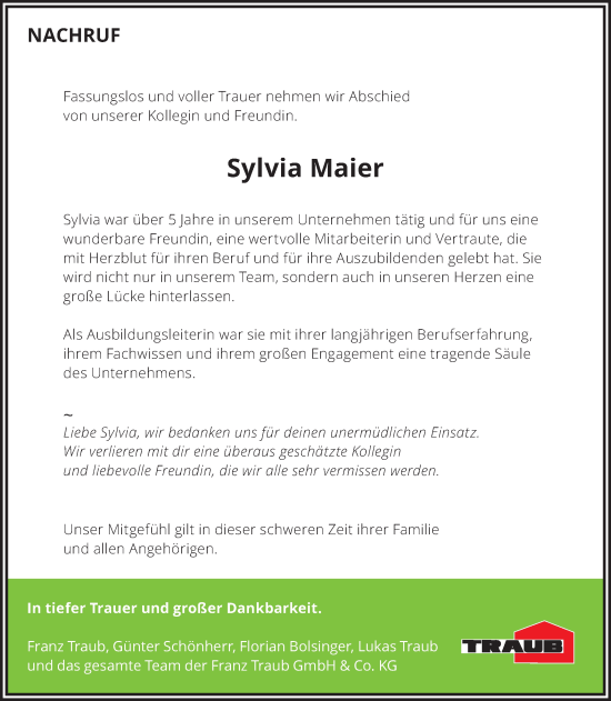 Traueranzeige von Sylvia Maier von Schwäbische Post
