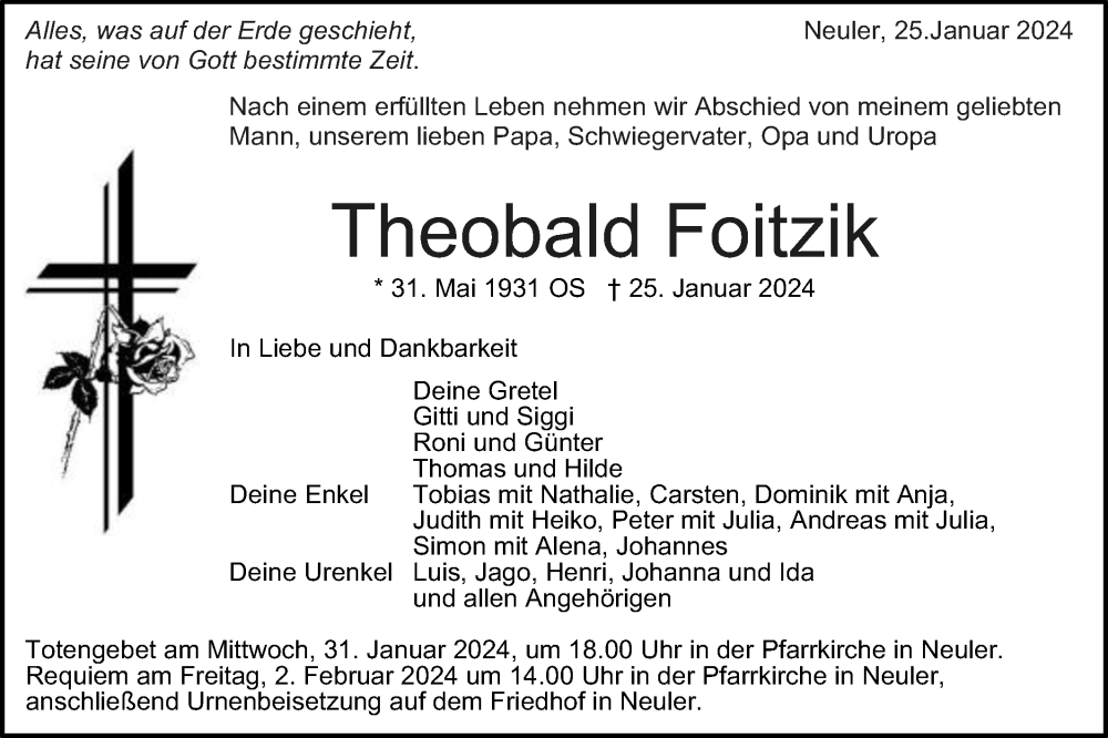  Traueranzeige für Theobald Foitzik vom 30.01.2024 aus Schwäbische Post