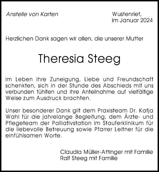 Traueranzeige von Theresia Steeg von Gmünder Tagespost