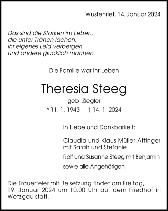Traueranzeige von Theresia Steeg von Gmünder Tagespost