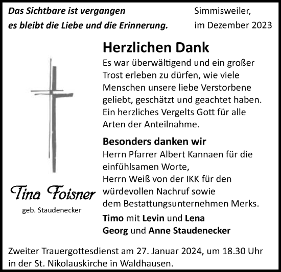 Traueranzeige von Tina Foisner von Schwäbische Post