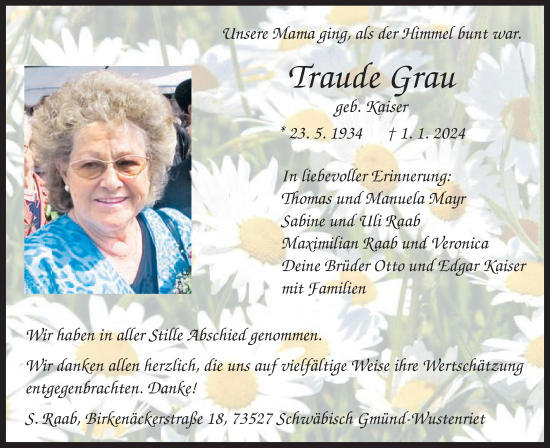 Traueranzeige von Traude Grau