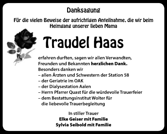 Traueranzeige von Traudel Haas von Schwäbische Post
