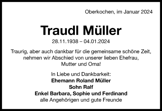 Traueranzeige von Traudl Müller von Schwäbische Post