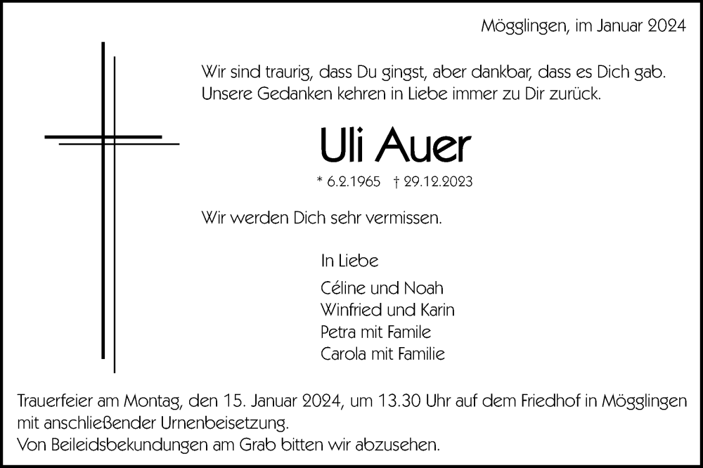  Traueranzeige für Uli Auer vom 10.01.2024 aus Gmünder Tagespost