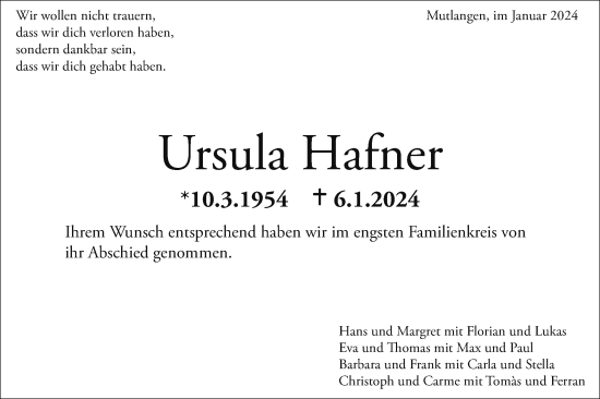 Traueranzeige von Ursula Hafner von Gmünder Tagespost