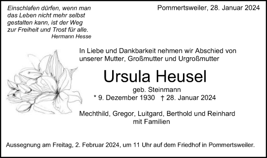 Traueranzeige von Ursula Heusel