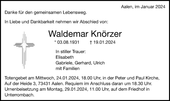 Traueranzeige von Waldemar Knörzer von Schwäbische Post