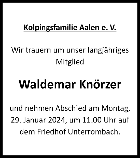 Traueranzeige von Waldemar Knörzer von Schwäbische Post