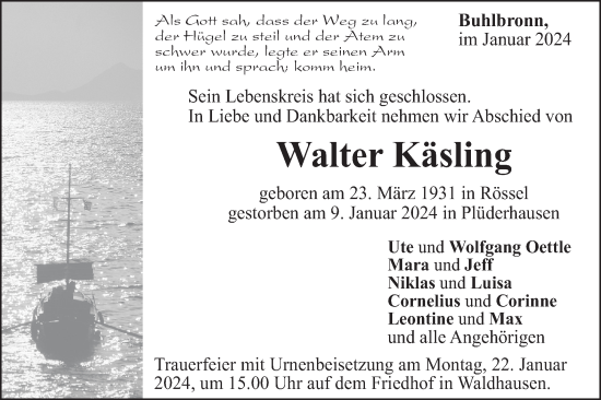 Traueranzeige von Walter Käsling von Gmünder Tagespost
