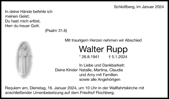 Traueranzeige von Walter Rupp von Schwäbische Post