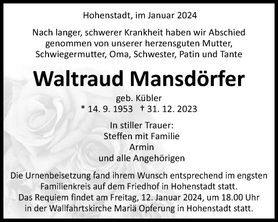 Traueranzeige von Waltraud Mansdörfer von Schwäbische Post