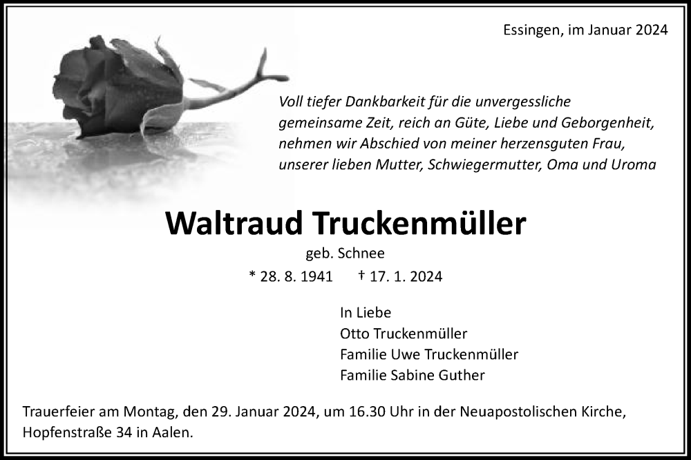  Traueranzeige für Waltraud Truckenmüller vom 25.01.2024 aus Schwäbische Post