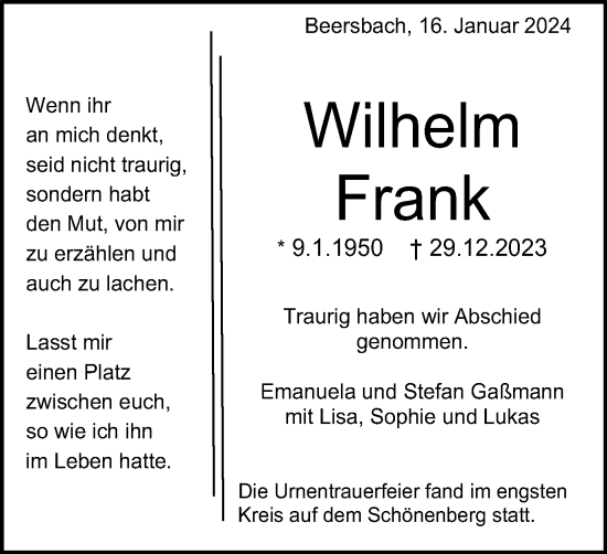 Traueranzeige von Wilhelm Frank
