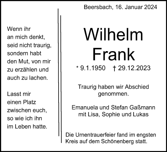 Traueranzeige von Wilhelm Frank von Schwäbische Post