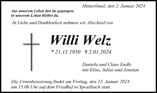 Traueranzeige von Willi Welz von Gmünder Tagespost