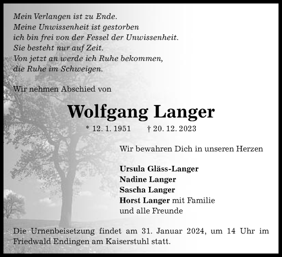 Traueranzeige von Wolfgang Langer von Schwäbische Post