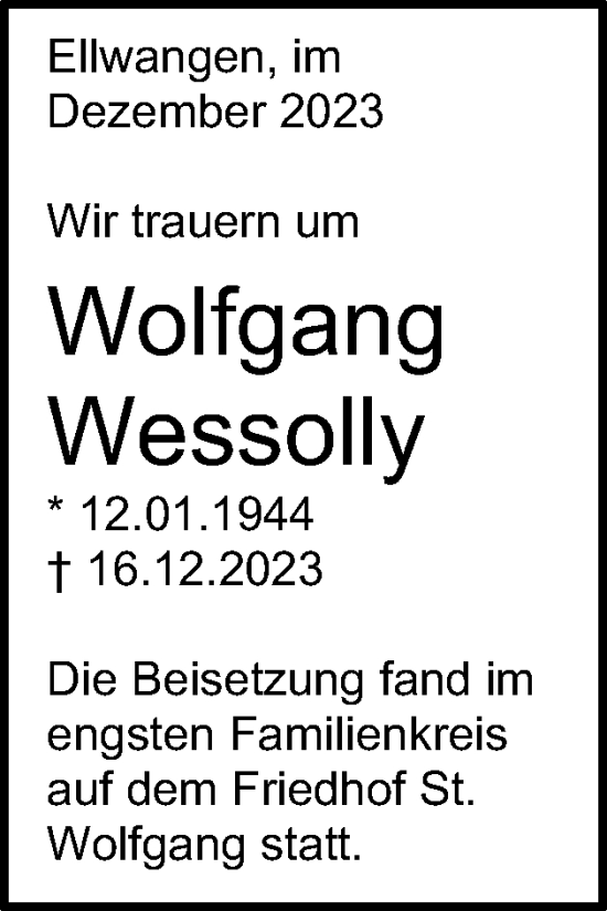 Traueranzeige von Wolfgang Wessolly von Schwäbische Post