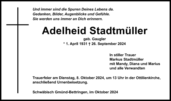 Traueranzeige von Adelheid Stadtmüller von Gmünder Tagespost