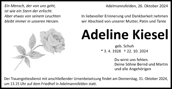 Traueranzeige von Adeline Kiesel von Schwäbische Post