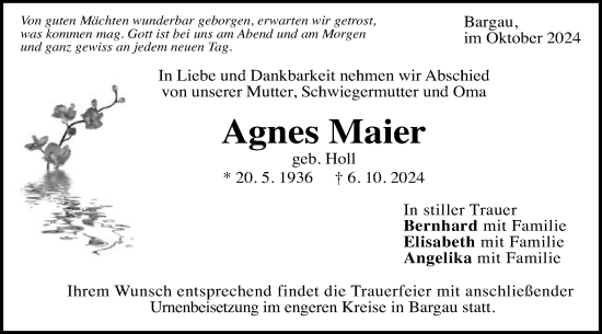 Traueranzeige von Agnes Maier von Schwäbische Post
