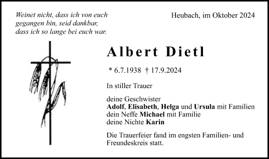 Traueranzeige von Albert Dietl von Gmünder Tagespost