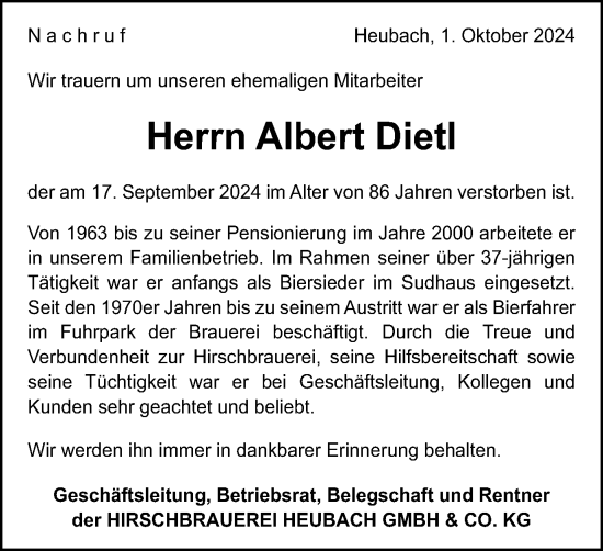 Traueranzeige von Albert Dietl von Gmünder Tagespost