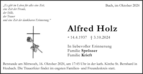 Traueranzeige von Alfred Holz von Gmünder Tagespost