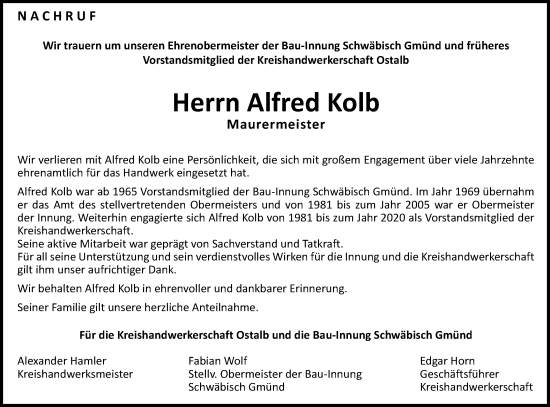 Traueranzeige von Alfred Kolb von Gmünder Tagespost