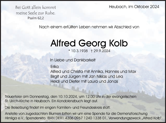 Traueranzeige von Alfred  Kolb von Gmünder Tagespost