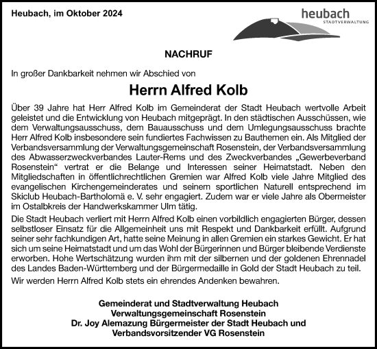 Traueranzeige von Alfred Kolb von Gmünder Tagespost