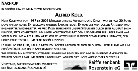 Traueranzeige von Alfred  Kolb von Gmünder Tagespost