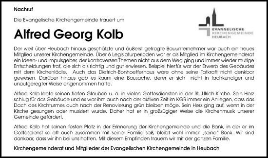 Traueranzeige von Alfred Georg Kolb von Gmünder Tagespost