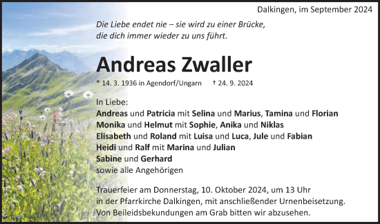 Traueranzeige von Andreas Zwaller von Schwäbische Post