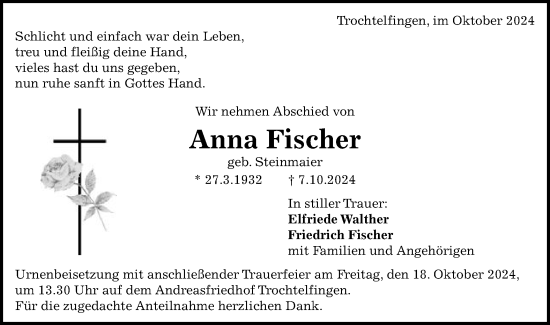 Traueranzeige von Anna Fischer von Schwäbische Post
