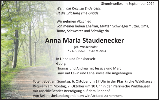 Traueranzeige von Anna Maria Staudenecker von Schwäbische Post