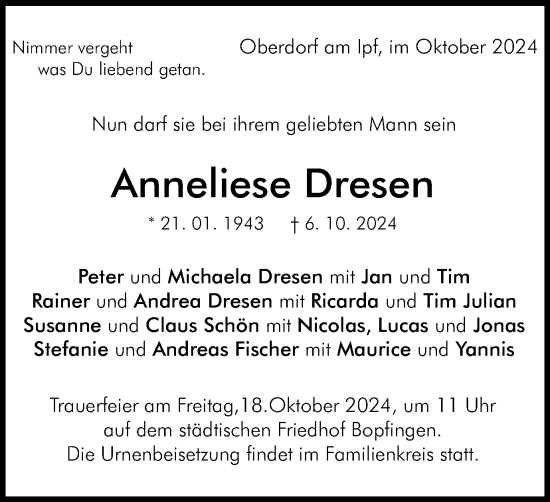 Traueranzeige von Anneliese Dresen von Schwäbische Post