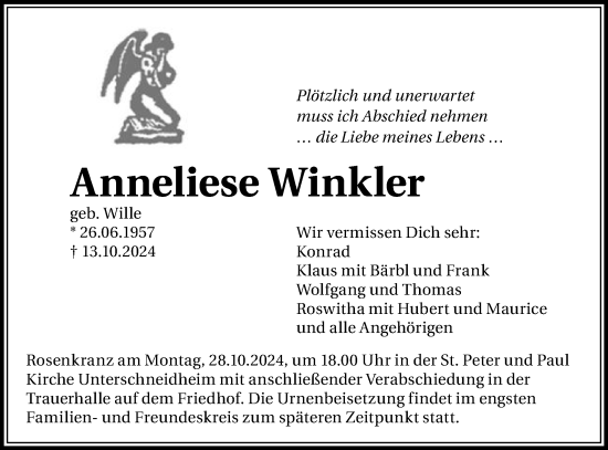 Traueranzeige von Anneliese Winkler von Schwäbische Post