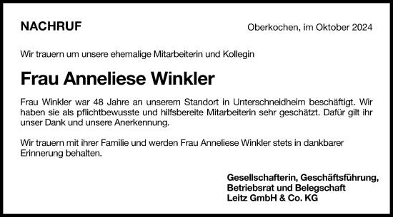 Traueranzeige von Anneliese Winkler von Schwäbische Post