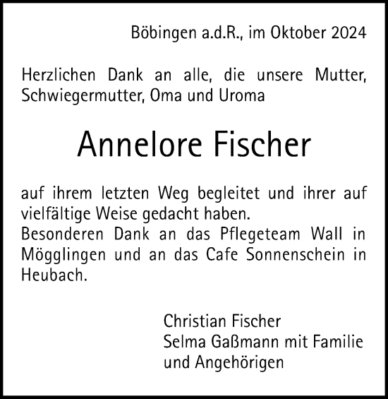 Traueranzeige von Annelore Fischer von Gmünder Tagespost