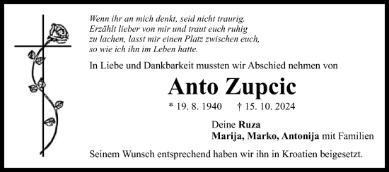 Traueranzeige von Anto Zupcic von Gmünder Tagespost