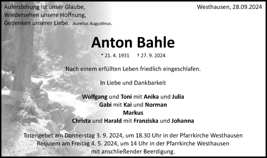 Traueranzeige von Anton Bahle von Schwäbische Post