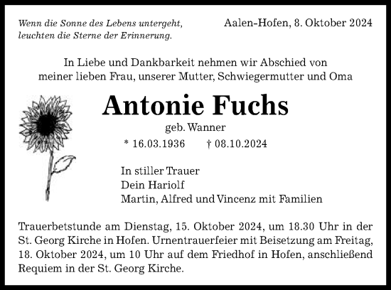 Traueranzeige von Antonie Fuchs von Schwäbische Post