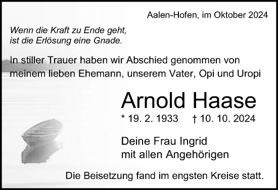 Traueranzeige von Arnold Haase von Schwäbische Post