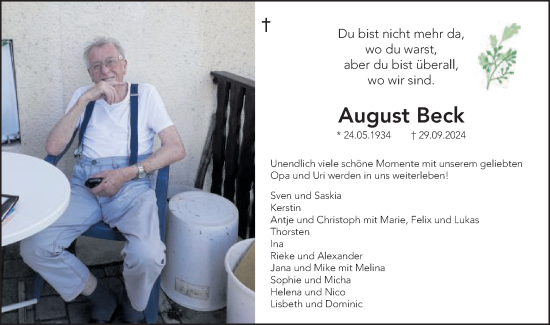 Traueranzeige von August Beck von Schwäbische Post