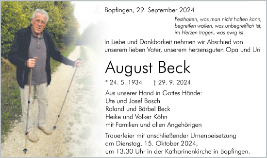 Traueranzeige von August Beck von Schwäbische Post
