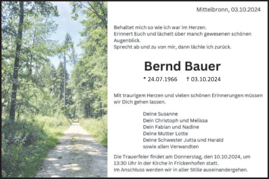 Traueranzeige von Bernd Bauer von Gmünder Tagespost