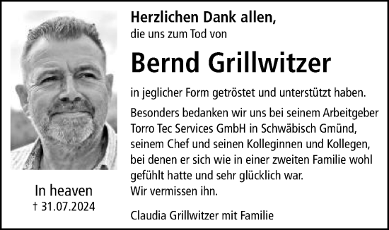 Traueranzeige von Bernd Grillwitzer von Schwäbische Post