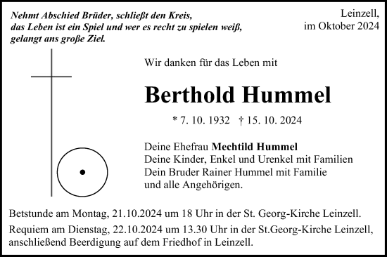 Traueranzeige von Berthold Hummel von Gmünder Tagespost