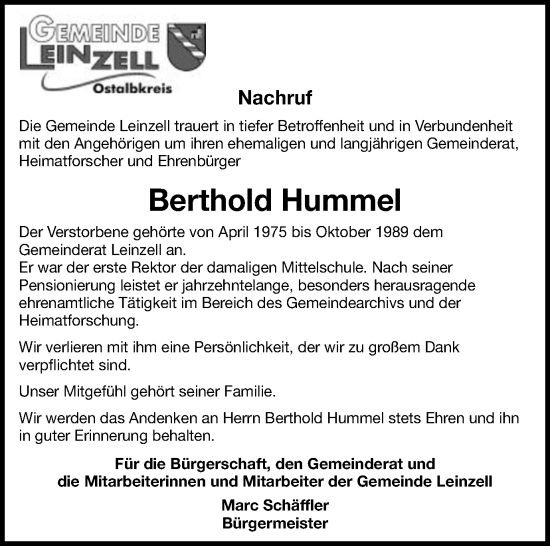Traueranzeige von Berthold Hummel von Gmünder Tagespost